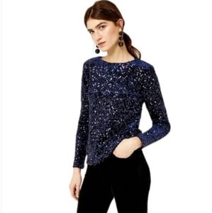 J Crew Sequin Embellished Cotton Blouse size M Navy 3/4 Sleeve